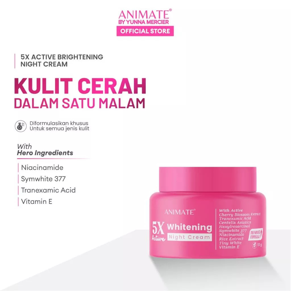 Animate 5X Active Whitening Night Cream / Krim Malam 10 gr Krim Membantu Mencerahkan Kulit Kusam Glowing Natural Melembabkan Semua Jenis Kulit