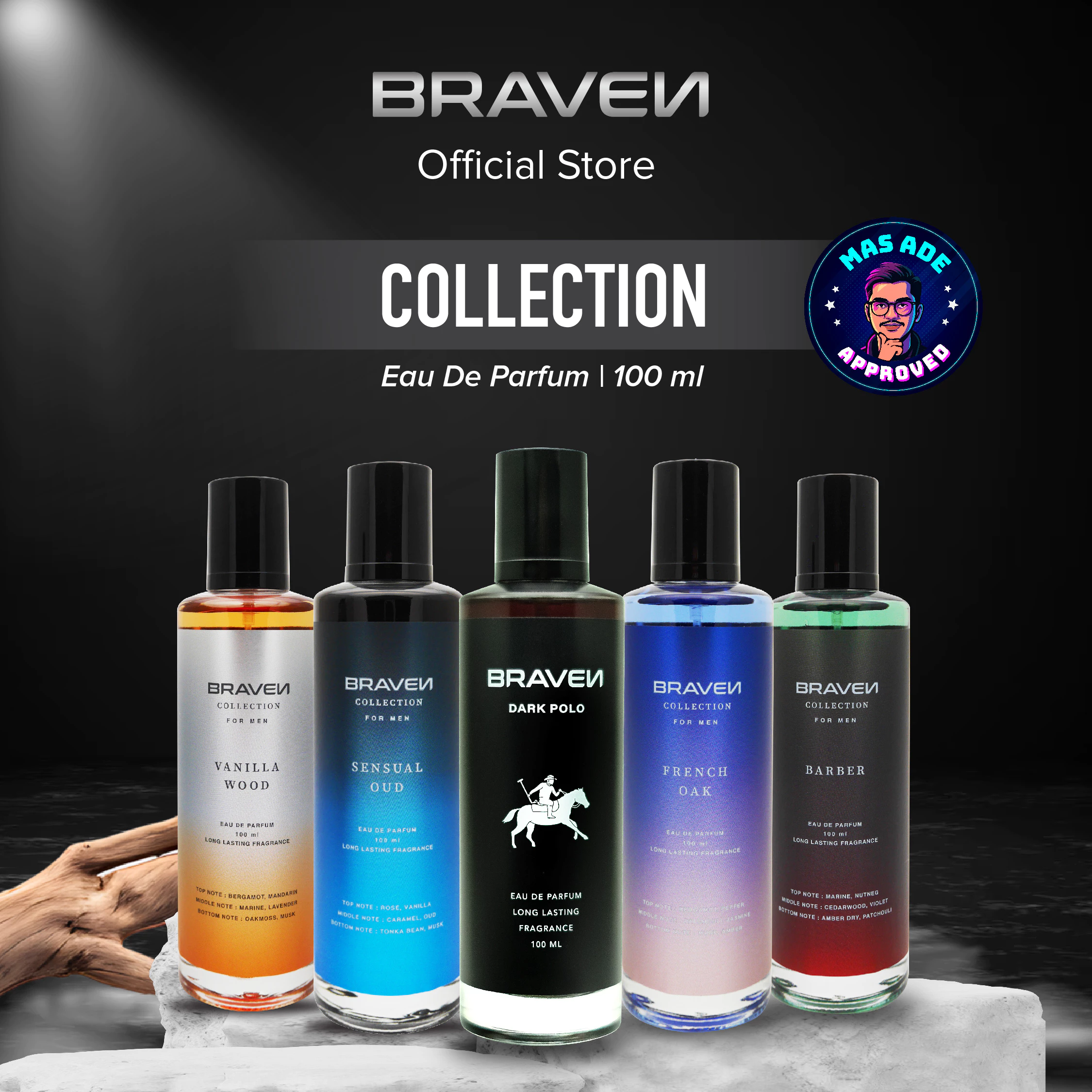 Braven Collection Eau De Parfum 100ml | Parfum Perfume Minyak Wangi Wanita Pria Tahan Lama - Vanilla Wood / Barber / Dark Polo / French Oak / Sensual Oud