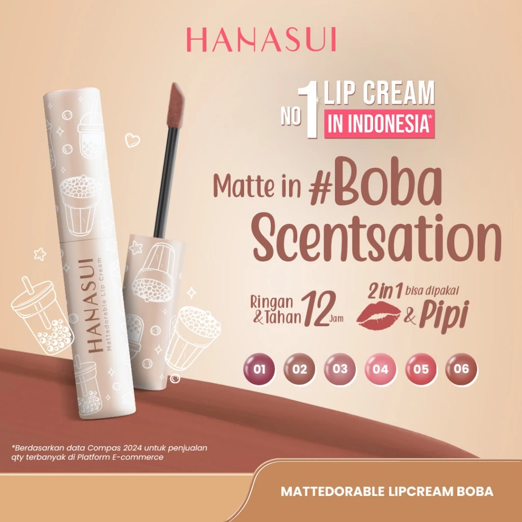 Hanasui Mattedorable Lip Cream Boba - Velvet Matte Finish Pigmented Long Lasting Double Moisturizing